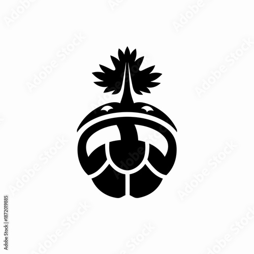 Stylized black and white root vegetable icon with leaves, minimalist organic food plant graphic design element, vegan healthy emblem.