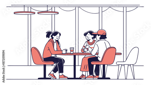 Three people sitting at a table in a modern cafe.