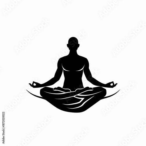 Black silhouette of a person meditating in lotus pose, symbolizing yoga, peace, balance, and spiritual well-being.