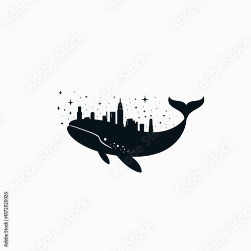 Dreamy whale silhouette carrying a towering cityscape under a starry night sky. Abstract marine and urban fantasy concept illustration.