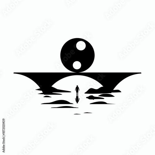 Minimalist abstract black and white illustration of a solitary figure on a bridge over reflective water under a large symbolic orb.