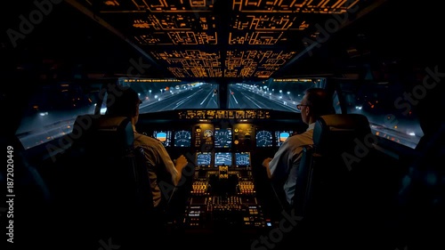 Airplane Cockpit Interior At Night With Pilots Silhouettes Illuminated Instrument Panels And Glowing Controls