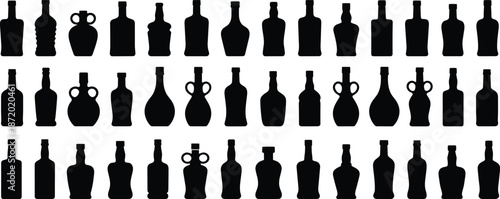 Liquor bottle silhouettes set, alcohol glass containers collection, wine vodka whiskey rum shapes, bar packaging icons, cad drawing vector illustration