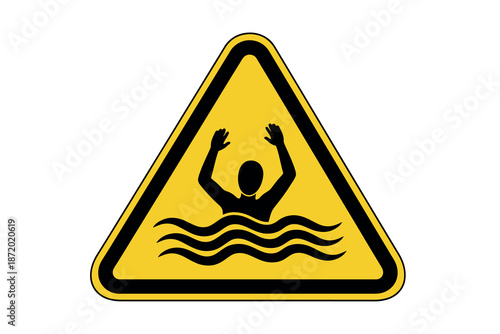 Yellow warning sign with a person drowning in water