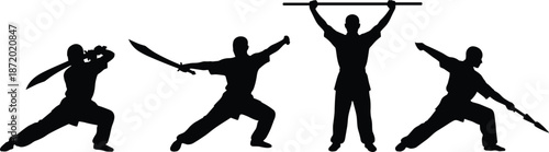 Martial Arts Fighter Silhouette Vector Set Featuring Sword and Staff Combat Poses, Traditional Kung Fu and Warrior Training Action Collection Isolated on White Background