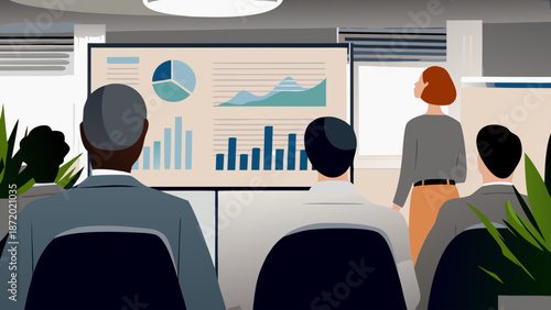 Business professionals engaged in a presentation with graphs on screen