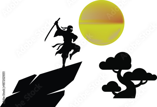 Ninja Warrior Silhouette Standing on Cliff with Katana Sword at Sunset Showing Japanese Martial Arts, Stealth Combat and Dramatic Landscape Illustration