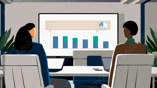 Two business professionals analyzing data on a large screen display