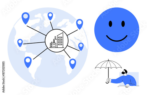 Global business network concept a world map with location points, blue circle with a happy face, and a person holding an umbrella. Ideal for global connectivity, business protection, and network