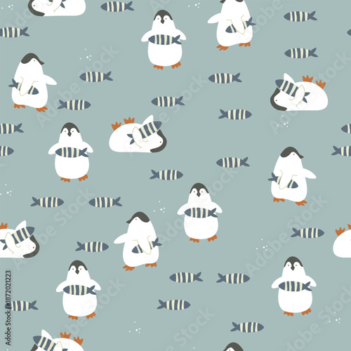 Cute hand drawn penguins pattern with fish , snow and animals on blue background. Vector winter illustration with penguins.