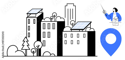 Urban scene with buildings and solar panels, trees, blue location pin, and figure holding document. Ideal for sustainability, renewable energy, urban planning, navigation, architecture eco-living