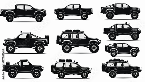 Collection of Black Off Road Vehicles and Trucks.