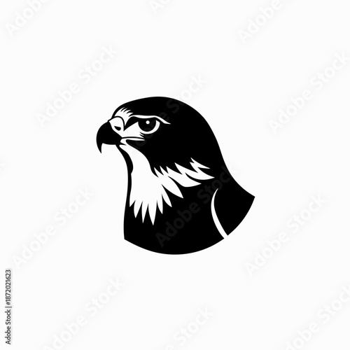 Stylized black and white illustration of a fierce hawk or falcon head in profile, powerful bird of prey vector graphic.