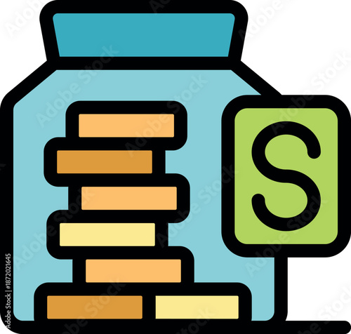 Stack of gold coins growing inside a glass jar, symbolizing saving money