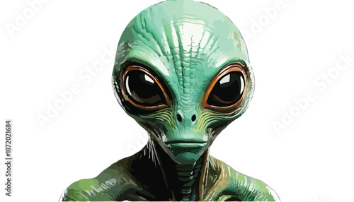 Close-up of a Green Alien with Large Black Eyes.