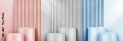 Abstract minimal scene. Minimal podium with soft material base. Soft podium stages and product showcase platform. 