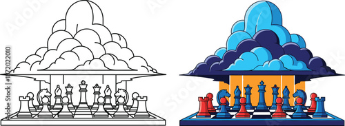Chess strategy concept illustration with clouds above chessboard, symbolizing strategic thinking, planning, leadership, and competition in business, logic, and creative decision making