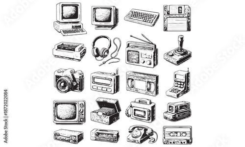 Vintage Retro Electronics Gadgets Engraving Illustration Set