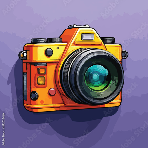 Vibrant Orange Camera with Detailed Lens and Classic Design on Purple Backdrop.