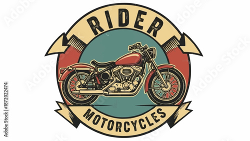 Classic Motorcycle Emblem with Rider and Motorcycles Text.