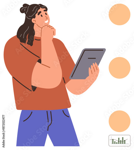 Decision-making, brainstorming, productivity, technology, analytics, planning. A thoughtful individual holds a tablet, examining data and visual elements. Decision-making and brainstorming concept