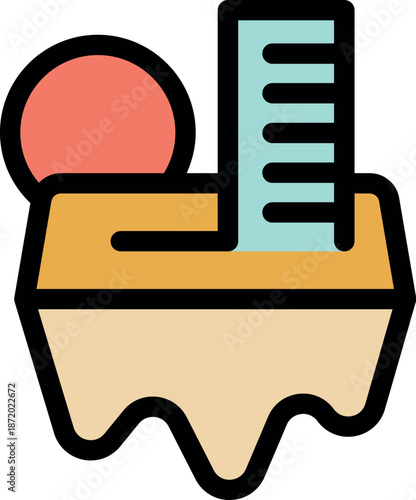 Permafrost melting under the sun with a ruler showing the level decline, symbolizing the effects of global warming and climate change