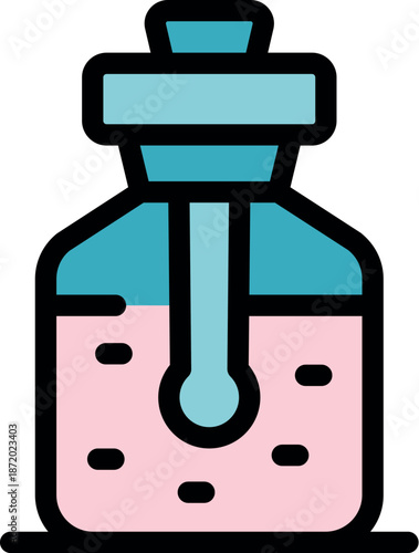 Pink chemical reagent in a bottle with a glass stirring rod, laboratory glassware for a science experiment or research