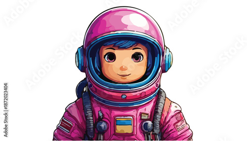 Cartoon Astronaut Girl in Pink Suit and Helmet.