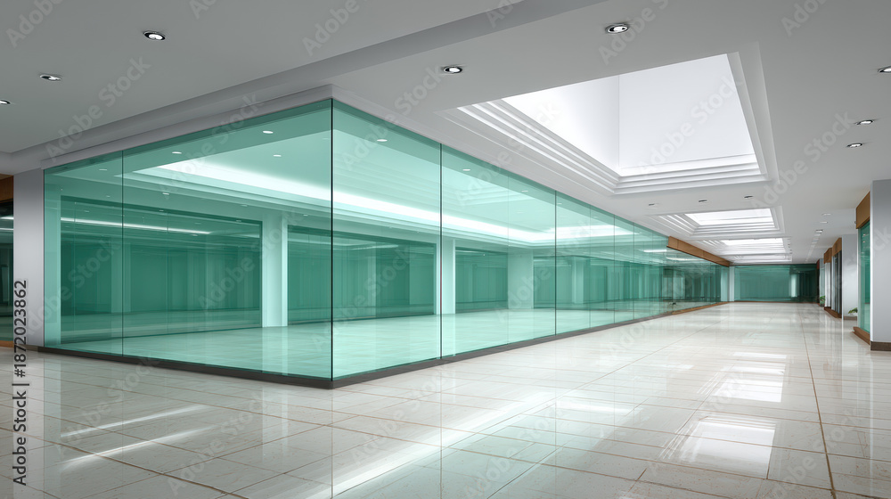 Obraz premium An empty retail space showcases a pristine tiled floor with glass walled storefronts under bright skylights in a modern and spacious architectural design.