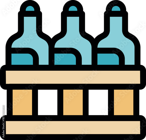 Three glass bottles with screw caps standing inside a wooden crate, ready for transport or storage