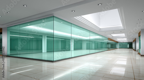 Wallpaper Mural An empty retail space showcases a pristine tiled floor with glass walled storefronts under bright skylights in a modern and spacious architectural design. Torontodigital.ca