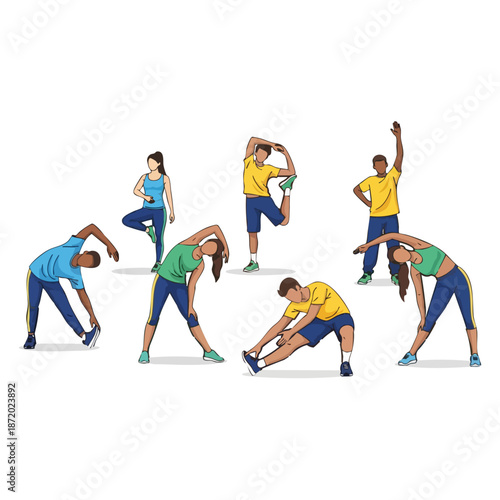 Group of Diverse People Performing Various Warm Up Stretching Exercises and Yoga Poses