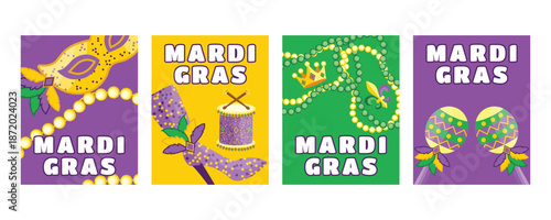 Mardi Gras vertical festival banners and greeting cards with carnival costumes, shoes, confetti, masks and beads
