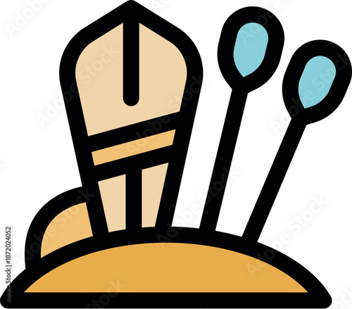 Surfboard and sticks symbolize beach sports, evoking relaxation, leisure, and vacation vibes