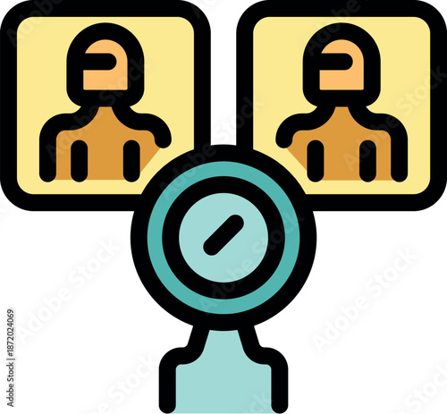 Magnifying glass analyzing profiles of candidates, searching and comparing curriculum vitae, choosing best applicant for job position