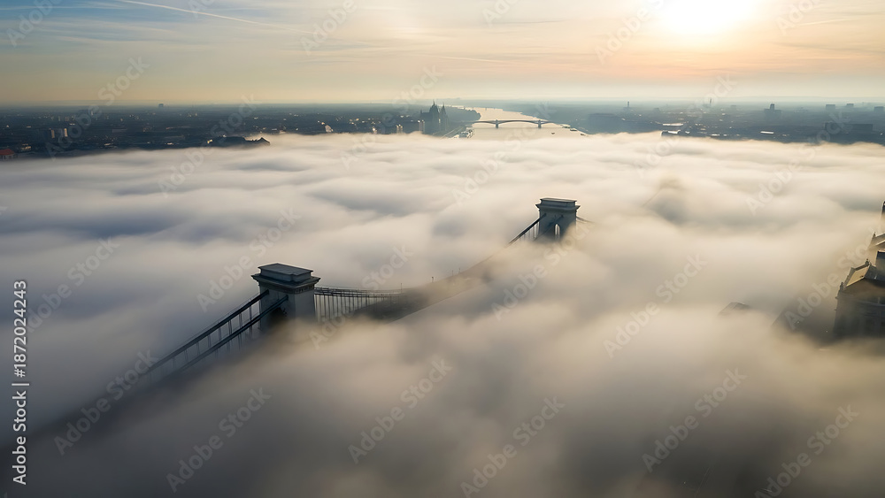 Obraz premium budapest foggy morning aerial view of szechenyi chain bridge emerging from dense fog at sunrise showcasing the danube river cityscape for european travel