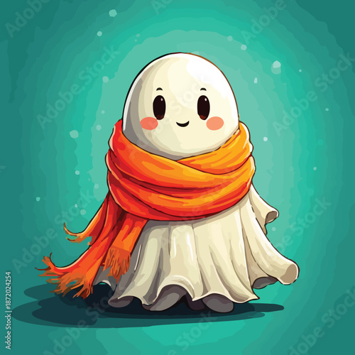 Cute Cartoon Ghost with Scarf in Winter.