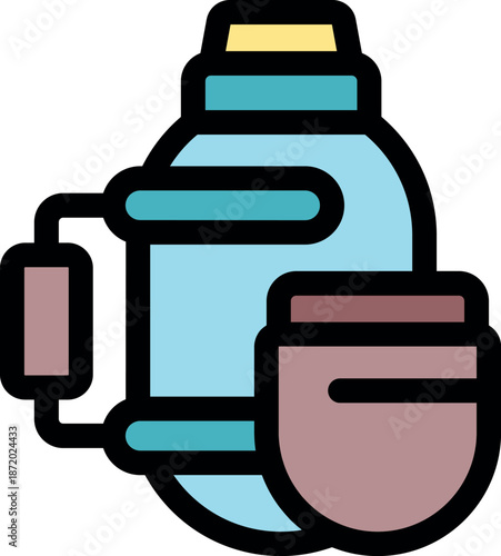 Thermos and cup maintaining temperature for hot beverages, ideal for camping, hiking, picnics, and other outdoor adventures