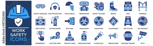 Work Safety Icon Collection Set. Containing Design Hard Hat, Safety Goggles, Ear Protection, Face Shield, Respirator