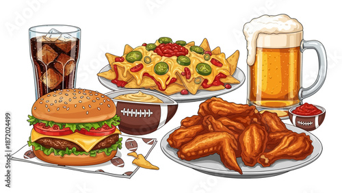 Delicious American Football Game Day Feast Burgers, Nachos, Wings, and Beer