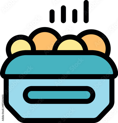 Freshly cooked falafel emitting steam, served in a blue takeaway container, ready to be enjoyed