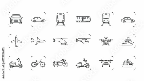 Collection of hand-drawn transportation icons.