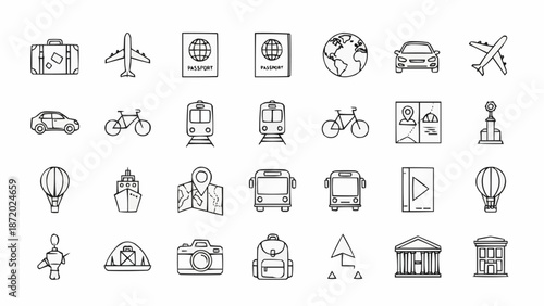 Collection of Hand Drawn Travel Icons and Symbols.