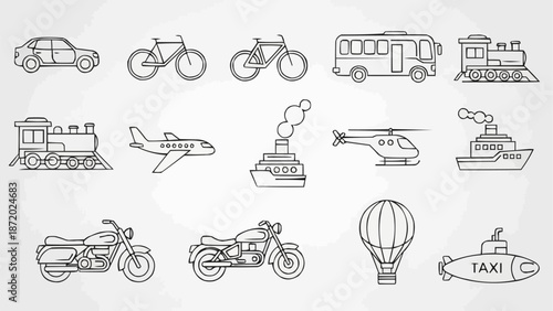 Collection of hand-drawn transportation vehicles and modes of travel.