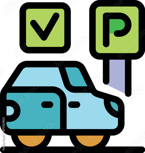 Parking allowed symbol with check mark and parking sign indicating available parking spot for car