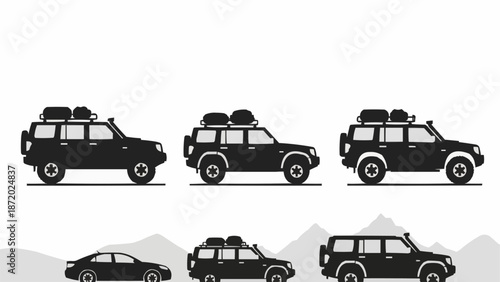 Collection of Off Road Vehicles and Sedan Car Silhouettes.