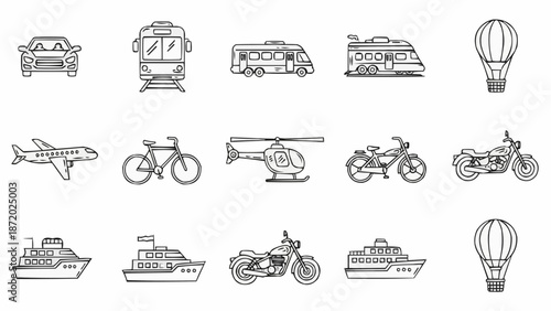 Collection of Hand Drawn Transportation Vehicles and Aircraft.
