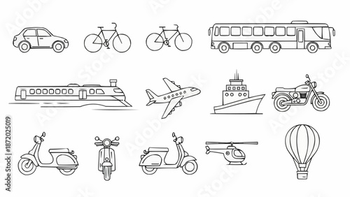 Collection of Hand Drawn Transportation Vehicles and Modes of Travel.