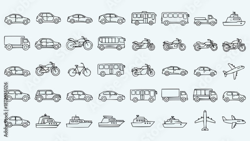 Collection of Hand Drawn Transportation Vehicles and Modes of Travel.