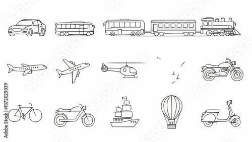 Collection of Hand Drawn Transportation Vehicles and Modes of Travel.